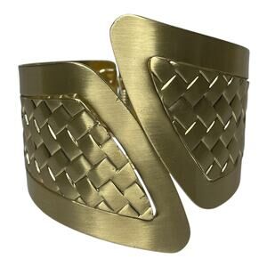 Vintage Wide Brass Cuff Bracelet Hinged Woven Basket Weave Mid Century Modern